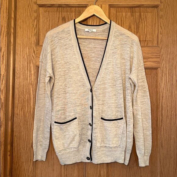 MADEWELL Linen Blend Contrast Trim V-Neck Lightweight Cardigan - Picture 6 of 8